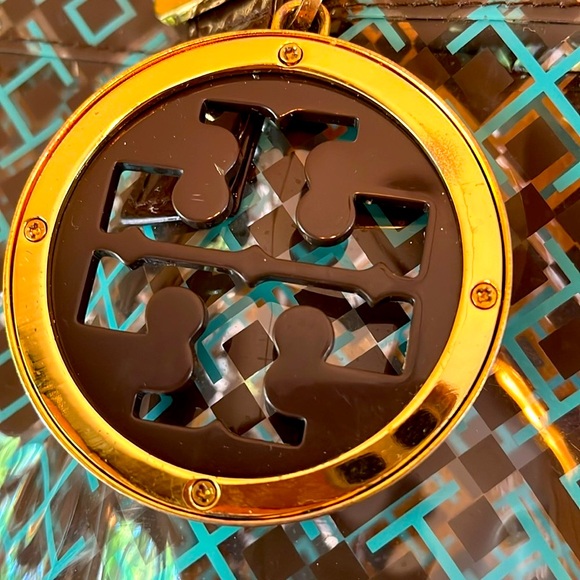 Tory Burch logo clear plastic handle tote bag with attached zip wallet pouch GUC - Picture 2 of 13